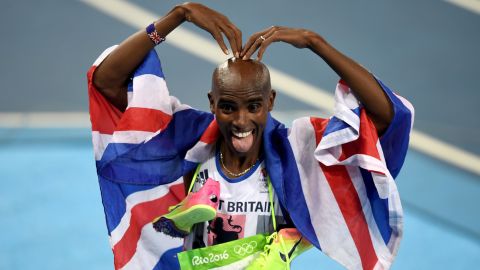 Mo Farah celebrates winning gold in the Men's 5,000 meter final at the Rio 2016 Olympic Games.