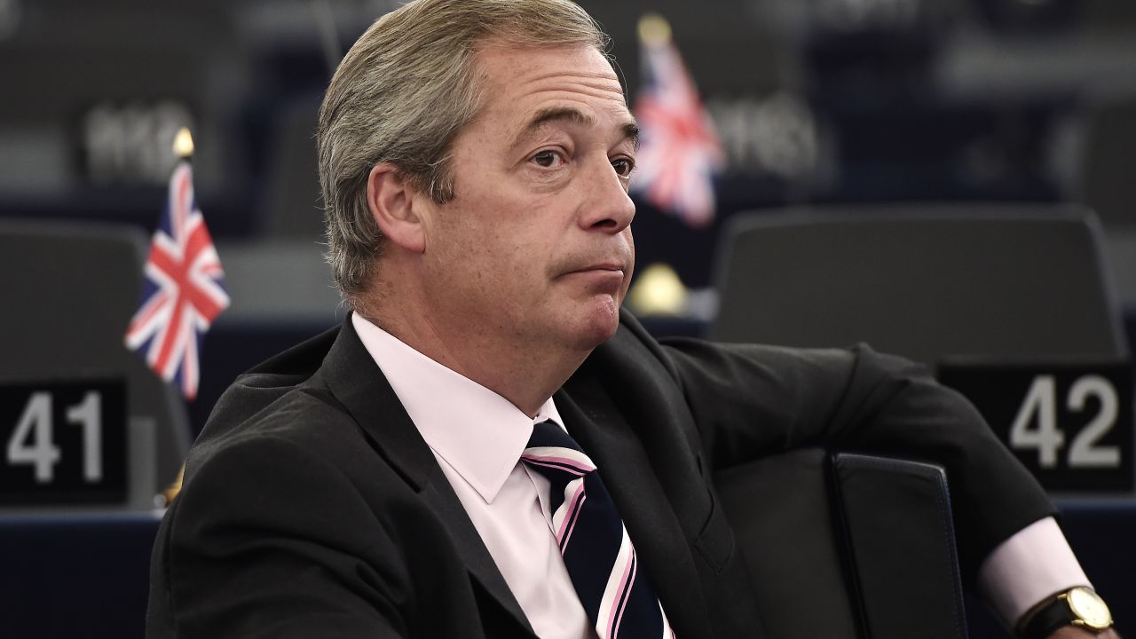 Former leader of the UK Independence Party (UKIP) Nigel Farage at a European Council meeting on October 20-21.