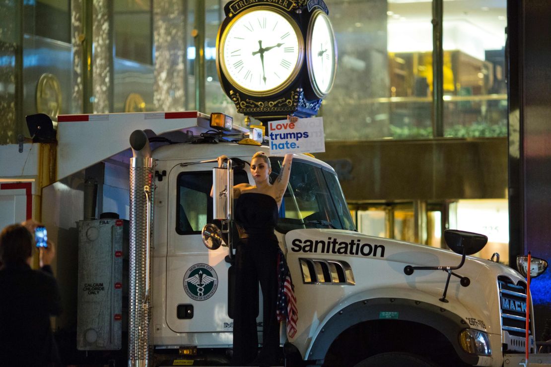 Lady Gaga protests against President-elect Donald Trump outside Trump Tower in New York.