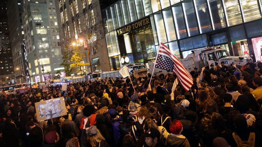 NEW YORK, NY - NOVEMBER 9: Hundreds of protestors rallying against Donald Trump gather outside of Trump Tower, November 9, 2016 in New York City. Republican candidate Donald Trump won the 2016 presidential election in the early hours of the morning in a widely unforeseen upset. (Photo by Drew Angerer/Getty Images)