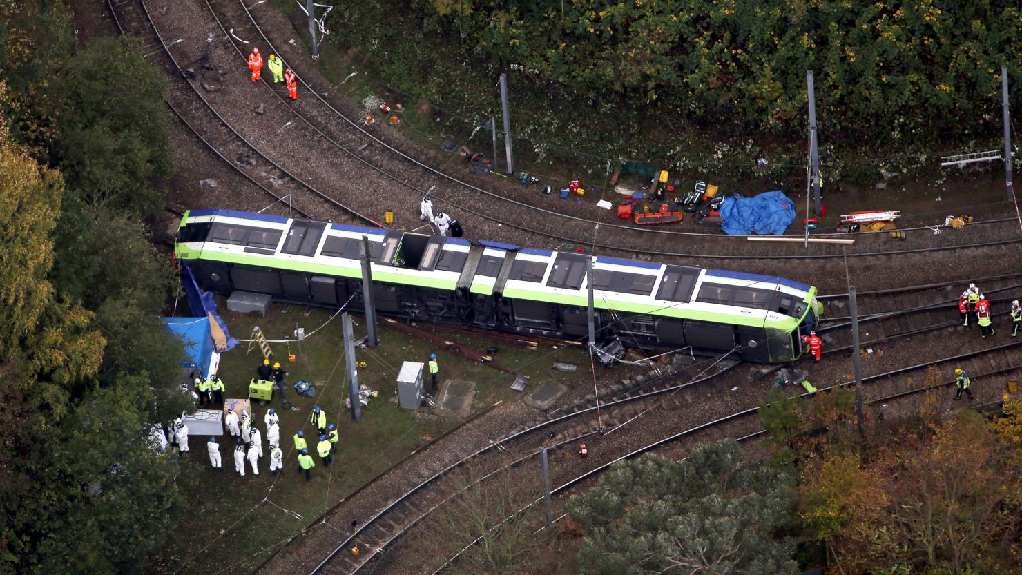 Aerial view of the tram derailment Tram overturns in Croydon, London, UK - 09 Nov 2016 (Rex Features via AP Images)
