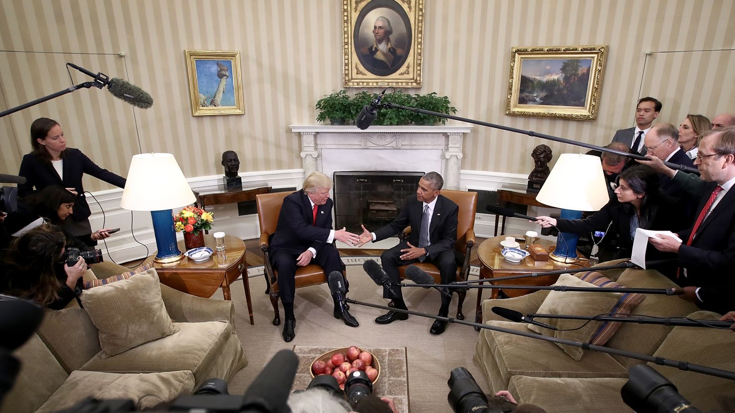Barack Obama greets Donald Trump in the Oval Office shortly after Trump's election win in November.