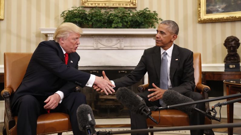 Obama shakes hands with President-elect Donald Trump <a href="index.php?page=&url=http%3A%2F%2Fwww.cnn.com%2F2016%2F11%2F10%2Fpolitics%2Fdonald-trump-obama-paul-ryan-washington%2F" target="_blank">in the Oval Office</a> on November 10, 2016. "My No. 1 priority in the next two months is to try to facilitate a transition that ensures our President-elect is successful," Obama said after meeting with Trump for about 90 minutes.