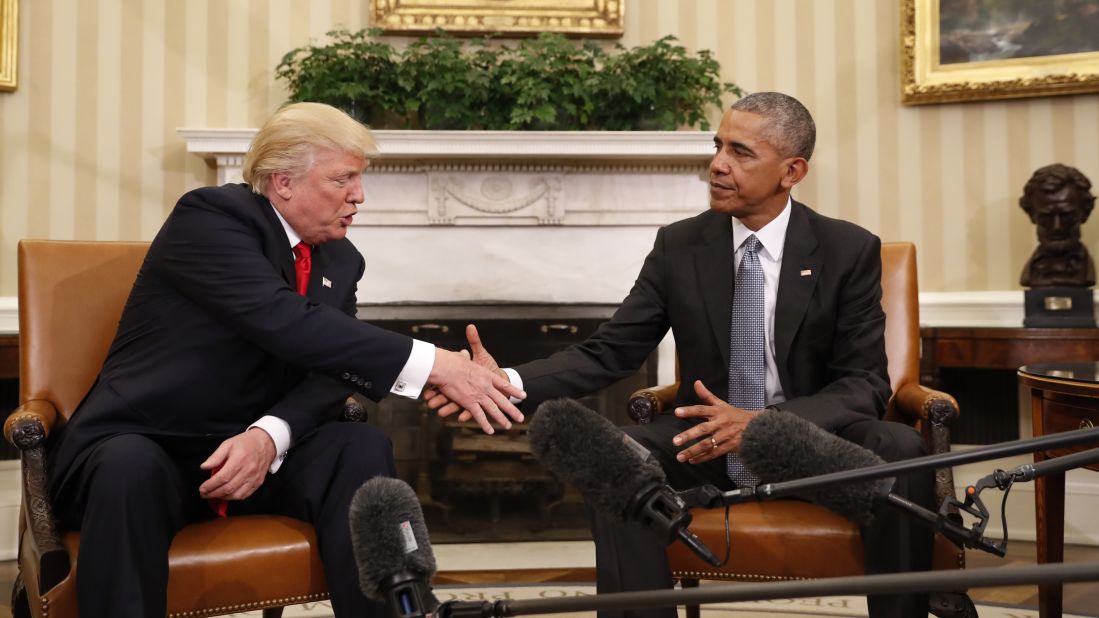 Obama shakes hands with President-elect Donald Trump <a href="http://www.cnn.com/2016/11/10/politics/donald-trump-obama-paul-ryan-washington/" target="_blank">in the Oval Office</a> on November 10, 2016. "My No. 1 priority in the next two months is to try to facilitate a transition that ensures our President-elect is successful," Obama said after meeting with Trump for about 90 minutes.