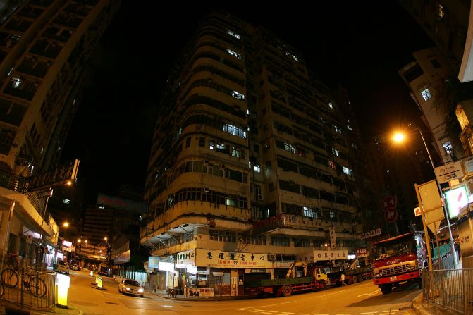 View of a Hong Kong building filled with cage homes.