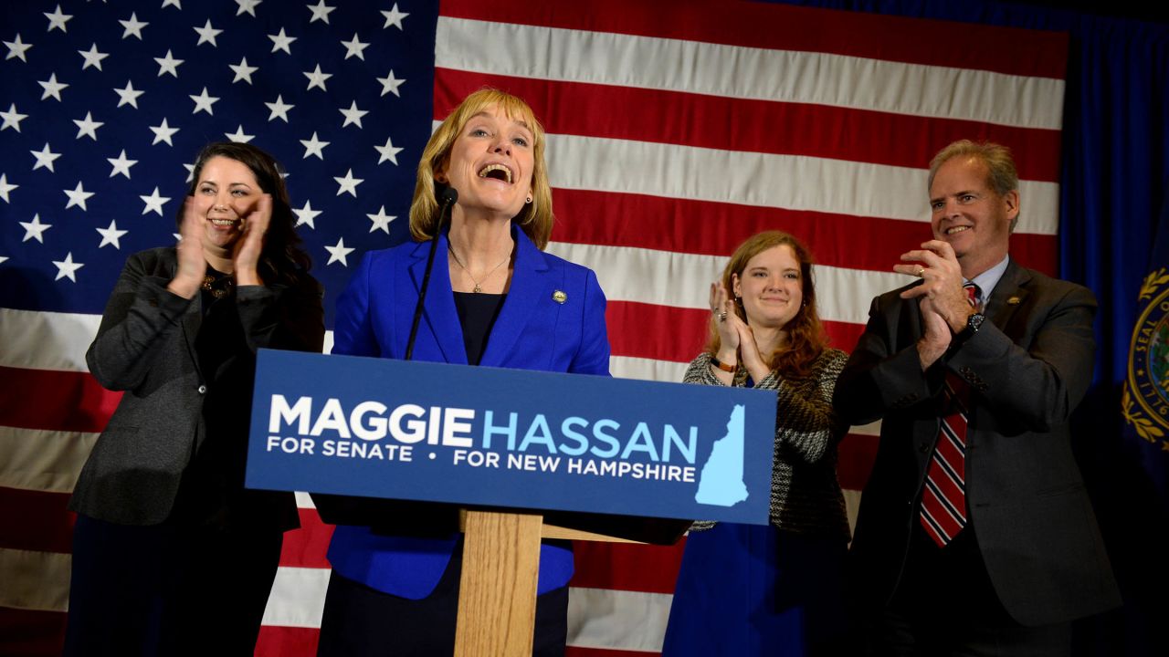 New Hampshire Gov. Maggie Hassan takes the stage to thank supporters in Manchester, New Hampshire. 