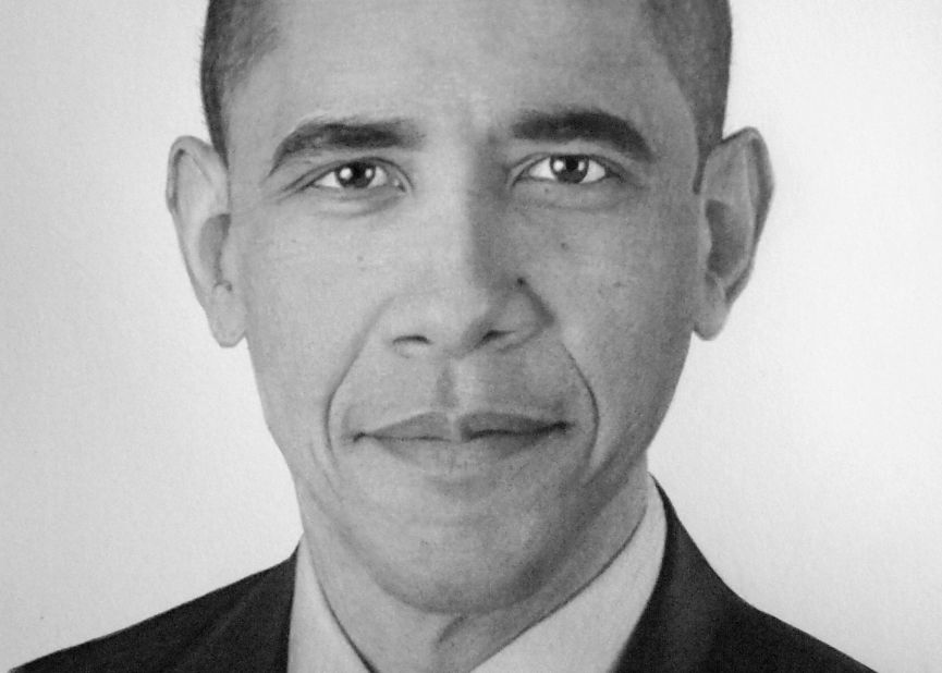 The artist's works start life as simple pencil outlines, drawn using charcoal and graphite. Shadings are used to give the illusion of color and add depth to achieve a photo-like quality.<br /> Pictured here, Barack Obama.