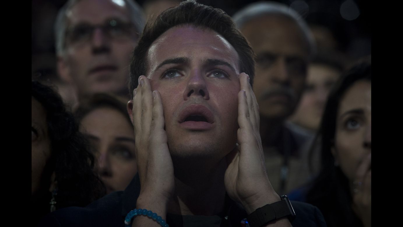 A man reacts as he watches voting results at the Javits Center in New York on Tuesday, November 8. Supporters of Hillary Clinton had their hopes shattered after Republican nominee <a href="http://www.cnn.com/2016/11/08/politics/election-day-2016-highlights/index.html" target="_blank">Donald Trump was elected the 45th president of the United States</a>.