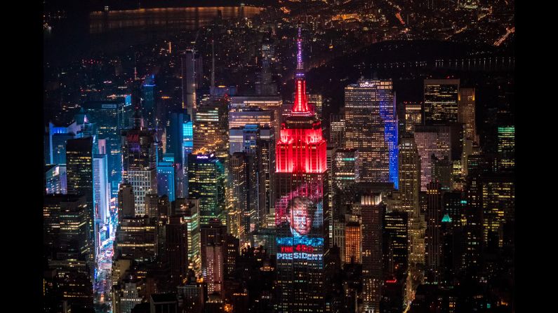 <strong>November 9:</strong> An image of Donald Trump is projected onto the Empire State Building in New York after Trump became President-elect of the United States.