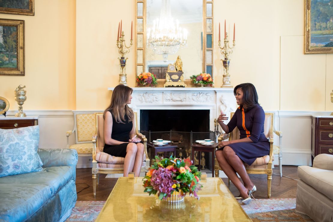 First Lady Michelle Obama meets with Melania Trump for tea in the Yellow Oval Room of the White House, Nov. 10, 2016. (Official White House Photo by Chuck Kennedy)