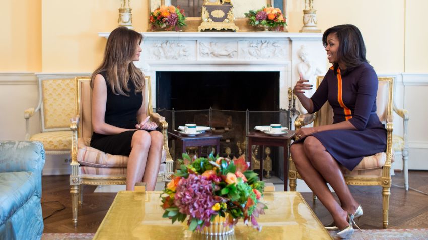 First Lady Michelle Obama meets with Melania Trump for tea in the Yellow Oval Room of the White House, Nov. 10, 2016. (Official White House Photo by Chuck Kennedy)This official White House photograph is being made available only for publication by news organizations and/or for personal use printing by the subject(s) of the photograph. The photograph may not be manipulated in any way and may not be used in commercial or political materials, advertisements, emails, products, promotions that in any way suggests approval or endorsement of the President, the First Family, or the White House.