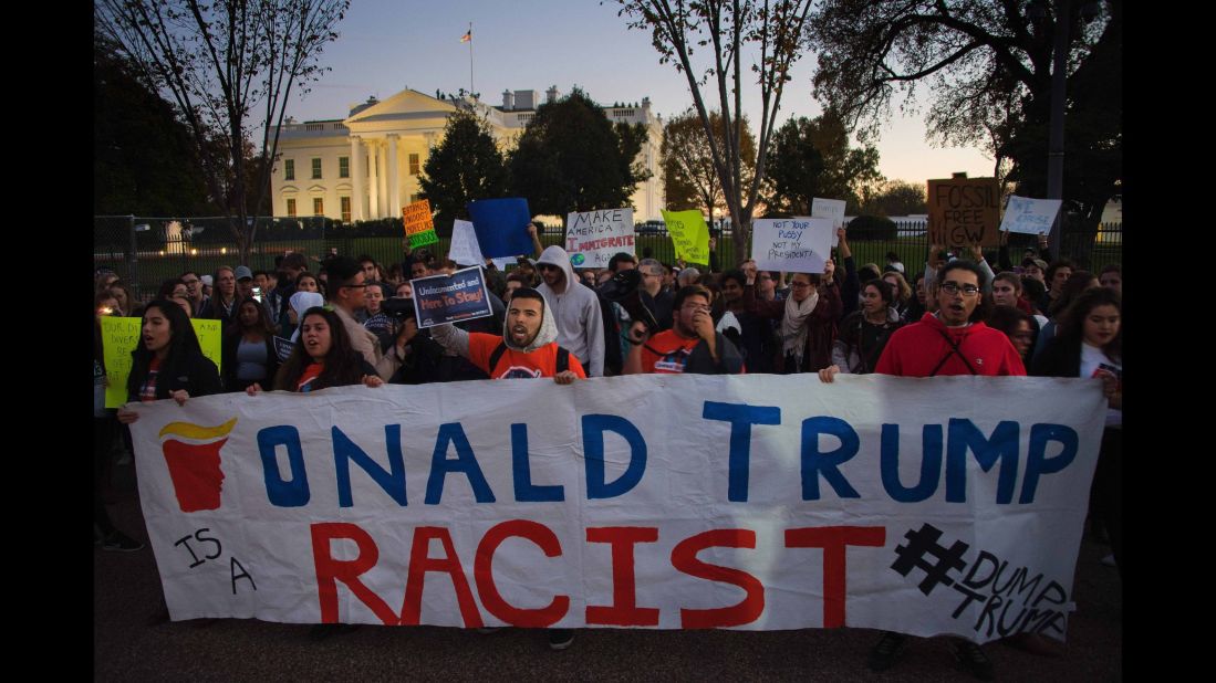 Trump protesters chant outside the White House on November 10.