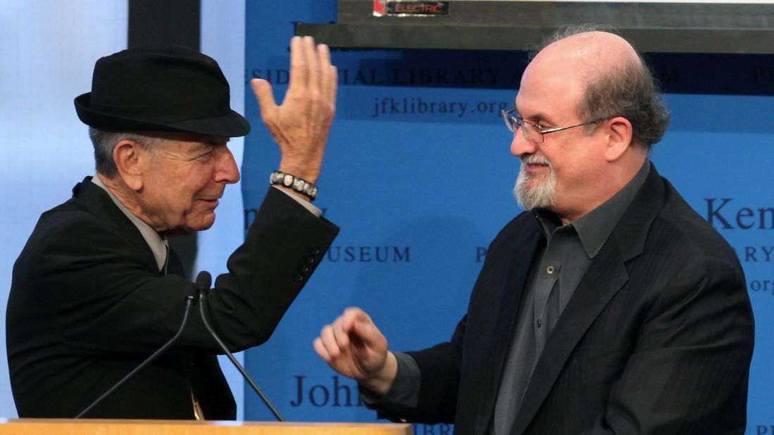 Cohen accepts a Song Lyrics of Literary Excellence award from Salman Rushdie on February 26, 2012, in Boston.