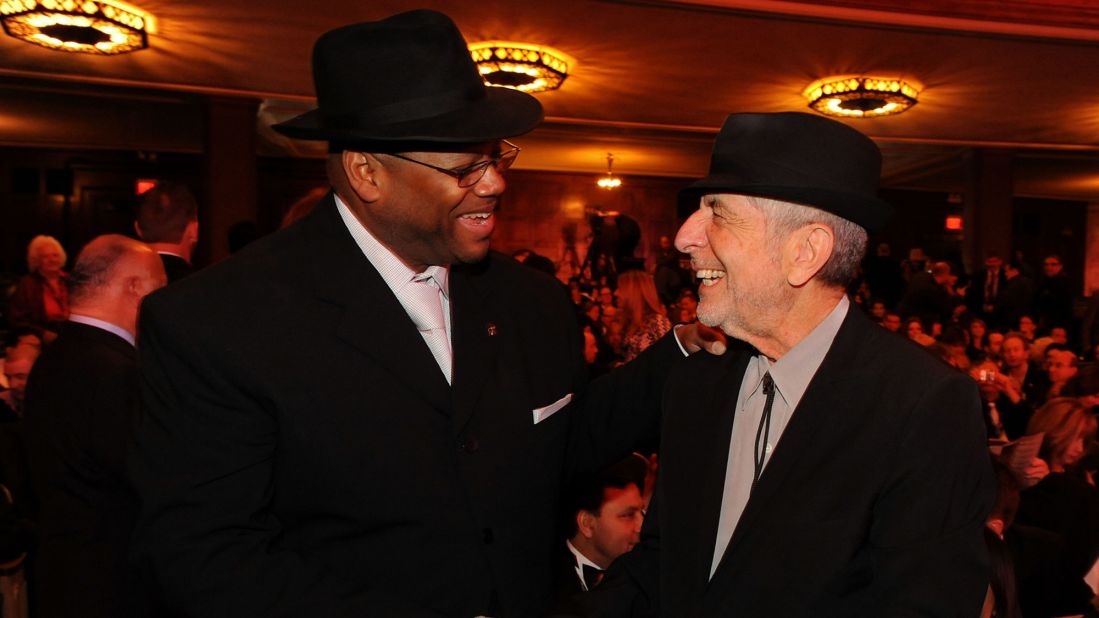 Music producer Jimmy Jam and Cohen attend the Grammys' special merit awards and nominee reception on January 30, 2010, in Los Angeles.