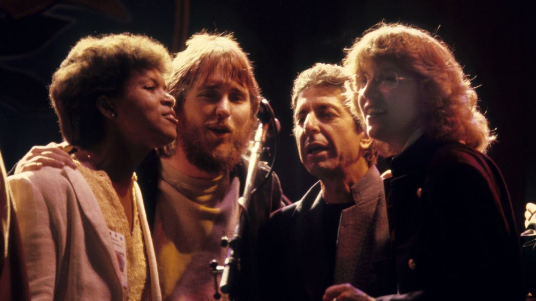 Cohen and Jennifer Warnes and others perform at The Greek Theatre in 1983 in Berkeley, California.