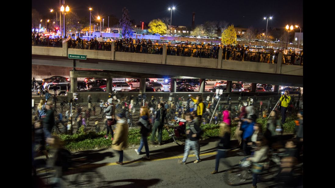 Trump protesters march toward Interstate 94 in Minneapolis on November 10.