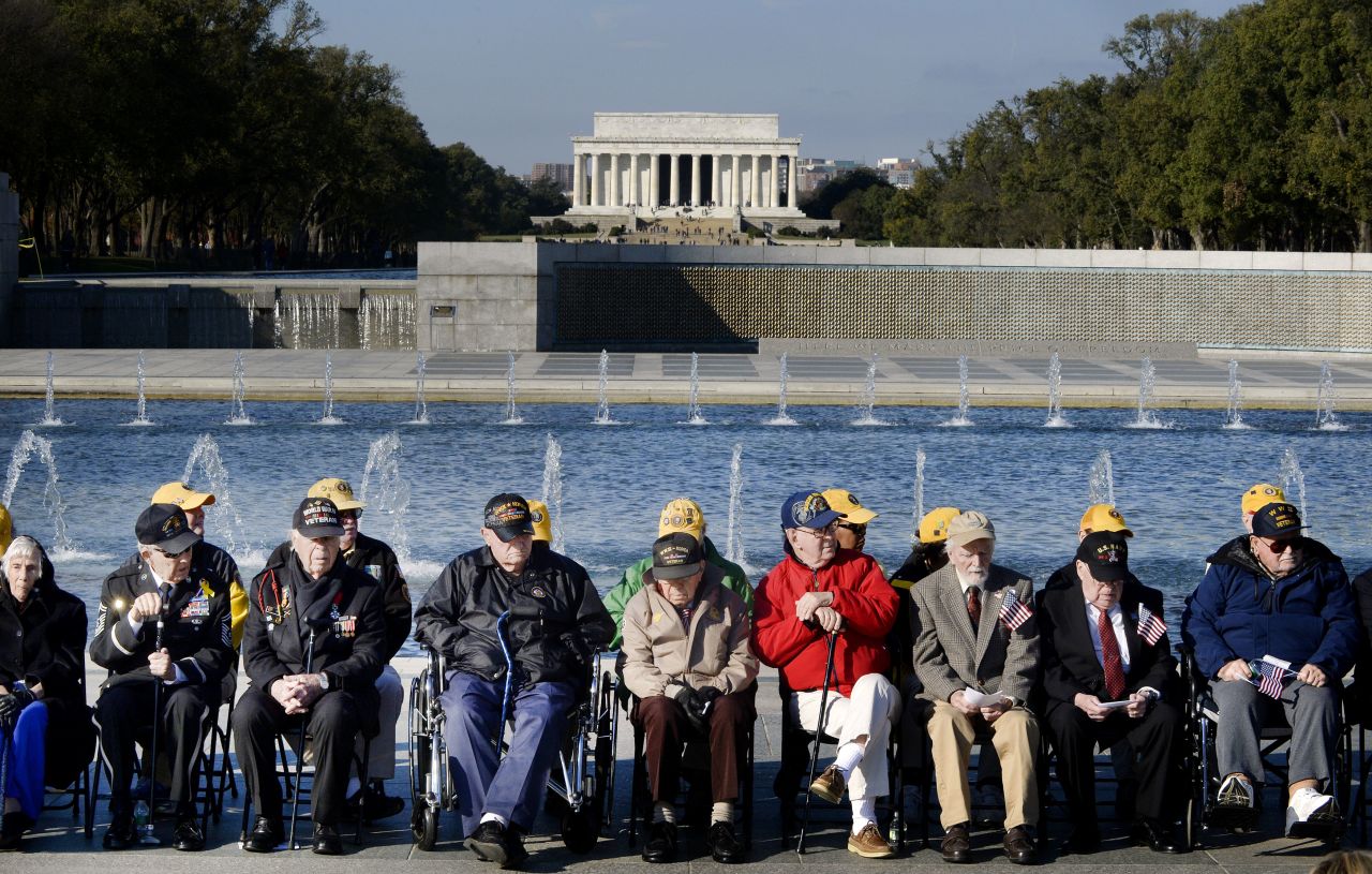 World War II veterans attend a ceremony at the National World War II Memorial in Washington on November 11.