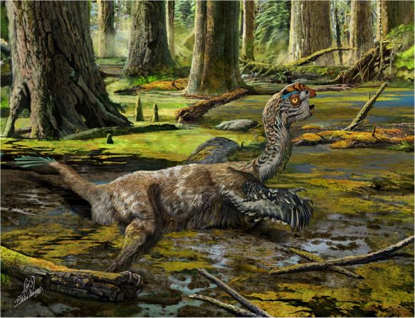 An artist's impression of the feathered Tongtianlong limosus or 'mud dragon' dinosaur.<a href="index.php?page=&url=http%3A%2F%2Fcnn.com%2F2016%2F11%2F11%2Fworld%2Fdinosaur-china-dynamite-construction-workers%2F">  A paper on its discovery</a> was published in Nature Scientific Reports on November 10, 2016. 
