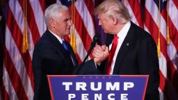 NEW YORK, NY - NOVEMBER 09:  Vice president-elect Mike Pence and Republican president-elect Donald Trump shake hands during his election night event at the New York Hilton Midtown in the early morning hours of November 9, 2016 in New York City. Donald Trump defeated Democratic presidential nominee Hillary Clinton to become the 45th president of the United States.  (Photo by Mark Wilson/Getty Images)