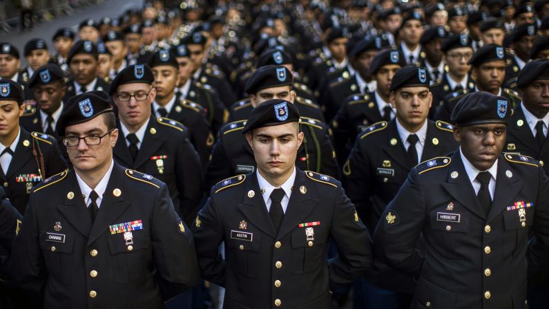 Military personnel march in New York's Veterans Day parade on November 11.
