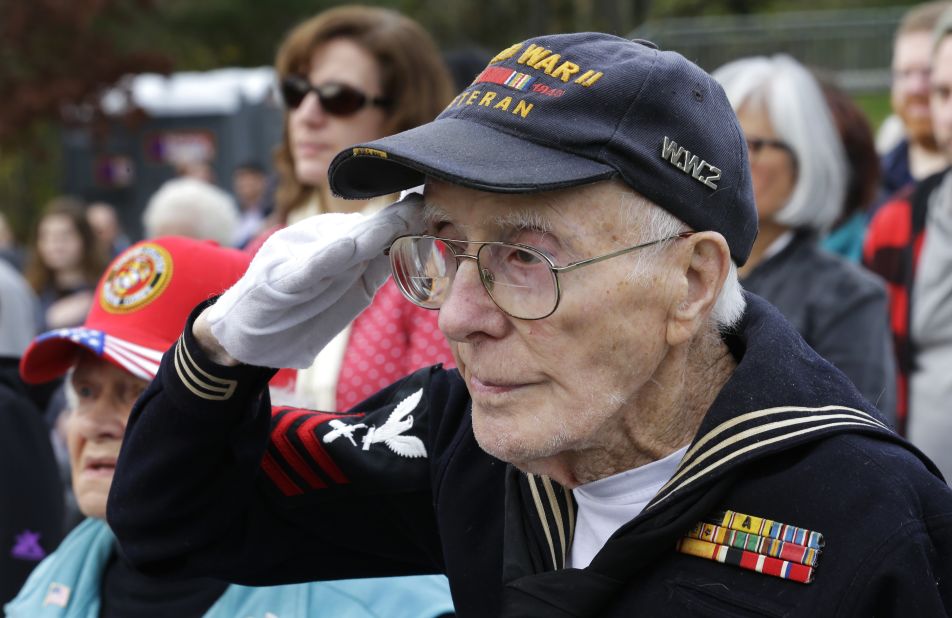 World War II Navy veteran Donald E. Hanson, 94, salutes during a Veterans Day ceremony at Tahoma National Cemetery on November 11  in Kent, Washington.