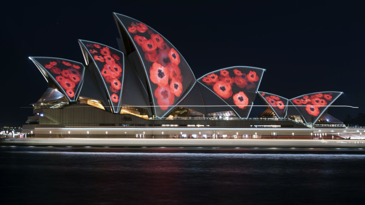 Poppies are projected onto the sails of the world famous Opera House on November 11 in Sydney, Australia. This year marks the 98th anniversary of the Armistice which ended the First World War. 