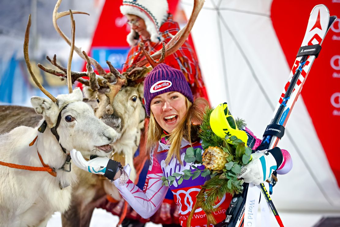 Mikaela Shiffrin takes first place during the women's slalom in Levi, Finland -- winning a reindeer.