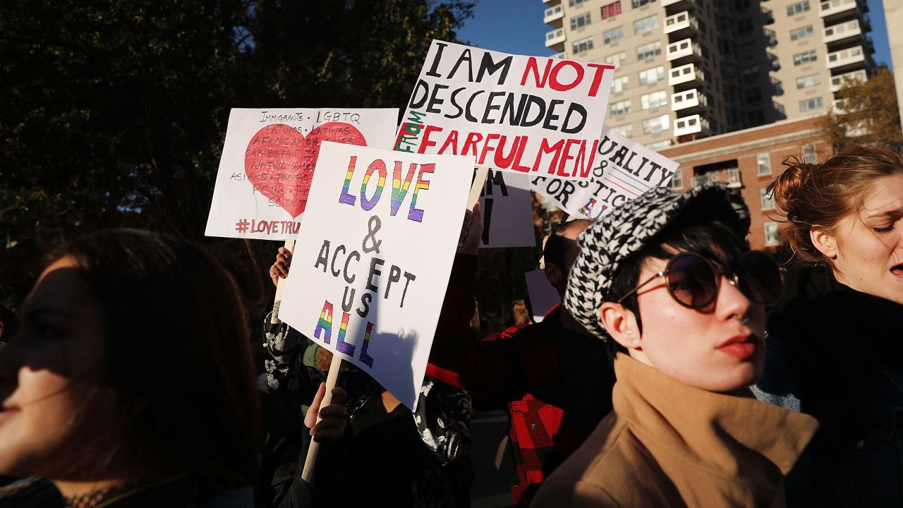 NEW YORK, NY - NOVEMBER 11:  Hundreds of anti-Donald Trump protesters hold a demonstration in Washington Square Park as New Yorkers react to the election of Donald Trump as president of the United States on November 11, 2016 in New York City. The election of Trump as president has sparked protests in cities across the country. (Photo by Spencer Platt/Getty Images)