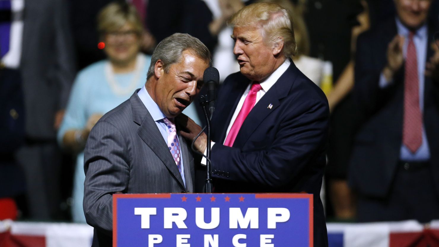 Republican presidential nominee Donald Trump, right, greets UKIP leader Nigel Farage on August 24, 2016 in Jackson, Mississippi. 
