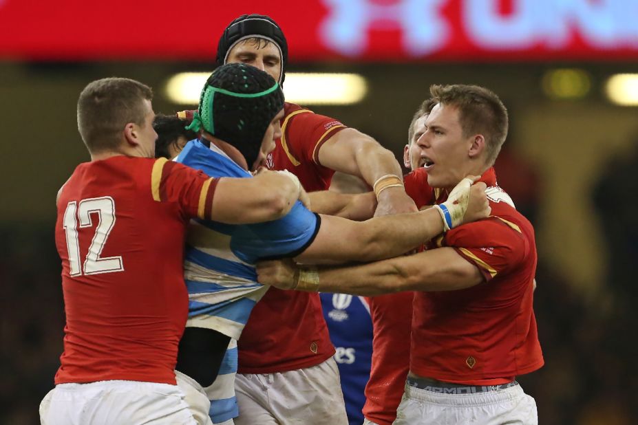 Players clash during the match between Wales and Argentina in Cardiff.