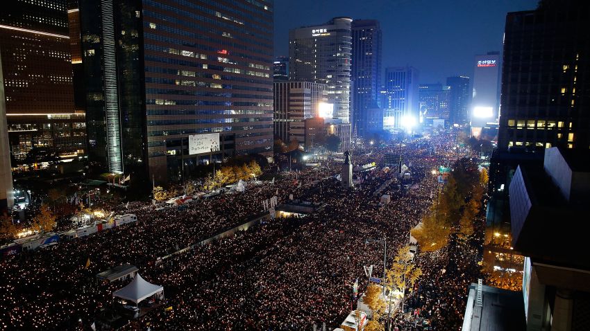 SEOUL, SOUTH KOREA - NOVEMBER 12: Thousands of South Koreans take to the streets in the city center to demand President Park Geun-Hye to step down on November 12, 2016 in Seoul, South Korea. Approximately hundreds of thousands of people joined the anti-government protest Saturday amid rising public frustration for President Park Geun-hye's corruption scandal. (Photo by Kim Hong-Ji-Pool/Getty Images)