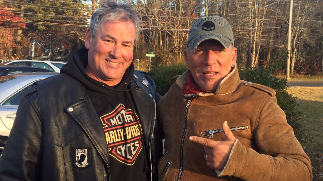 Dan Barkalow, a member of the Freehold American Legion - Monmouth Post 54, stopped when he saw a motorcycle rider stranded by the road. The stranded biker turned out to be rocker Bruce Springsteen, right, who invited Barkalow and his buddies for a round of drinks.