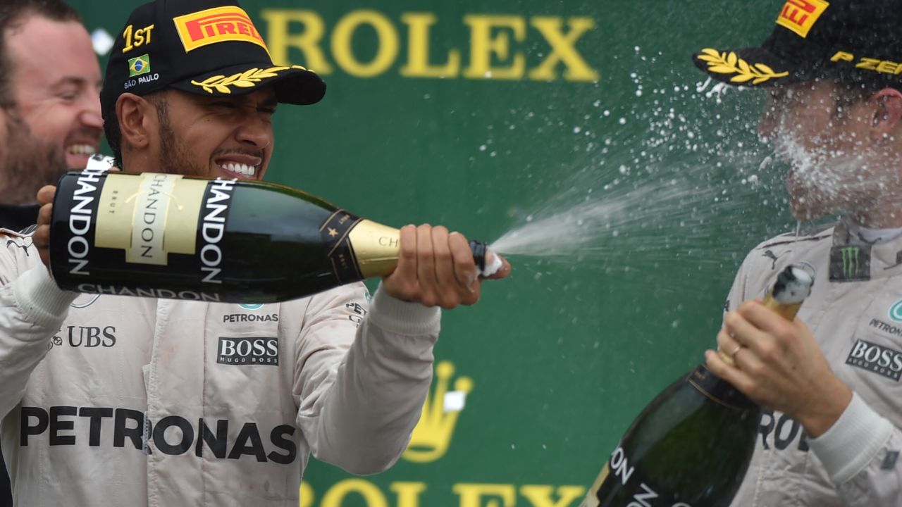 Another champagne moment for three-time F1 world champion Lewis Hamilton.