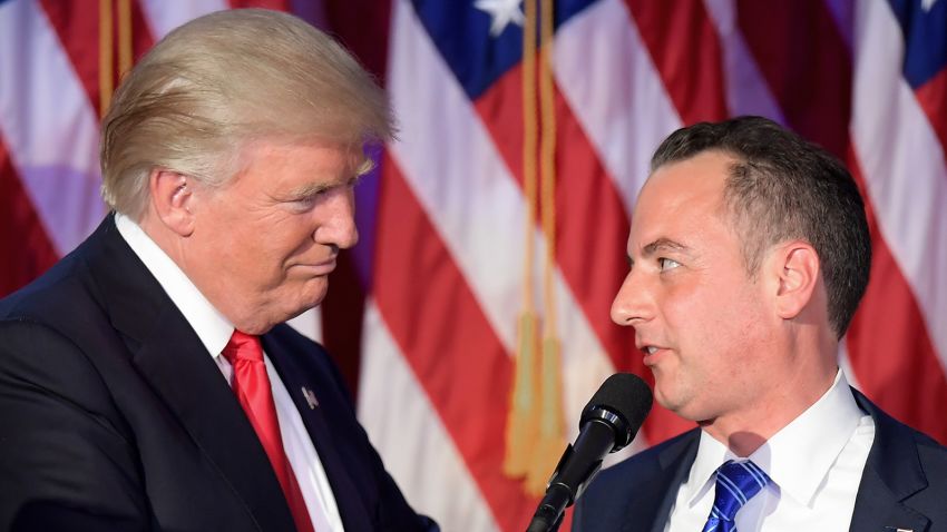 Chairman of the Republican National Committee (RNC) Reince Priebus (R) shakes hands with Republican presidential elect Donald Trump (L) during election night at the New York Hilton Midtown in New York on November 9, 2016.