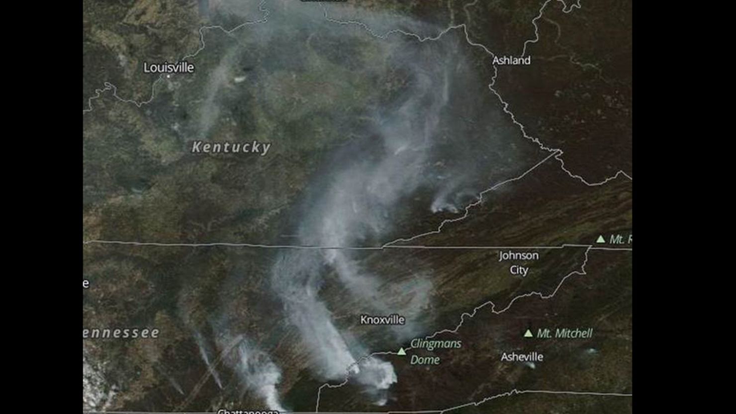 A NASA satellite image shows smoke from wildfires in Kentucky, North Carolina, Tennessee and Virginia.  
