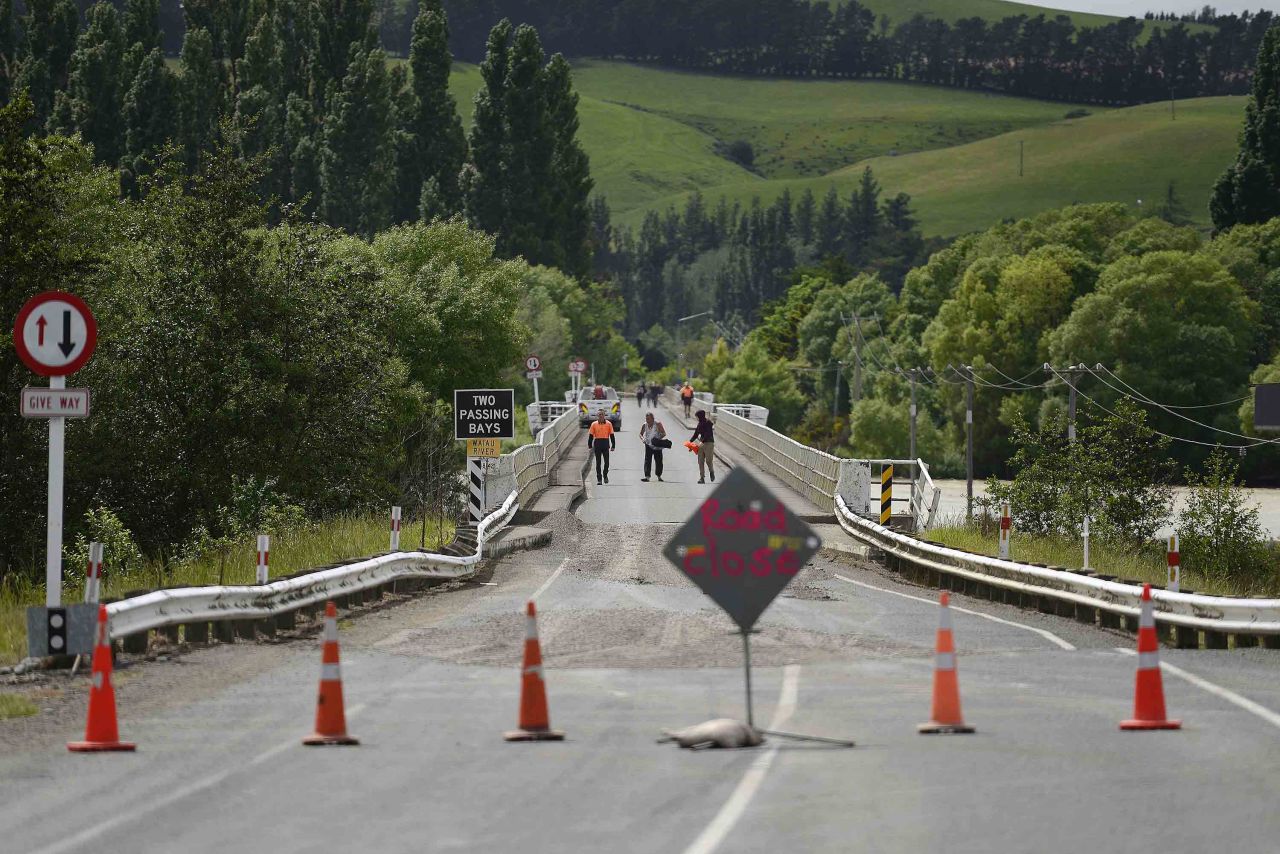 Emergency services inspect a bridge crossing the Waiau River, north of Christchurch, on November 14.
