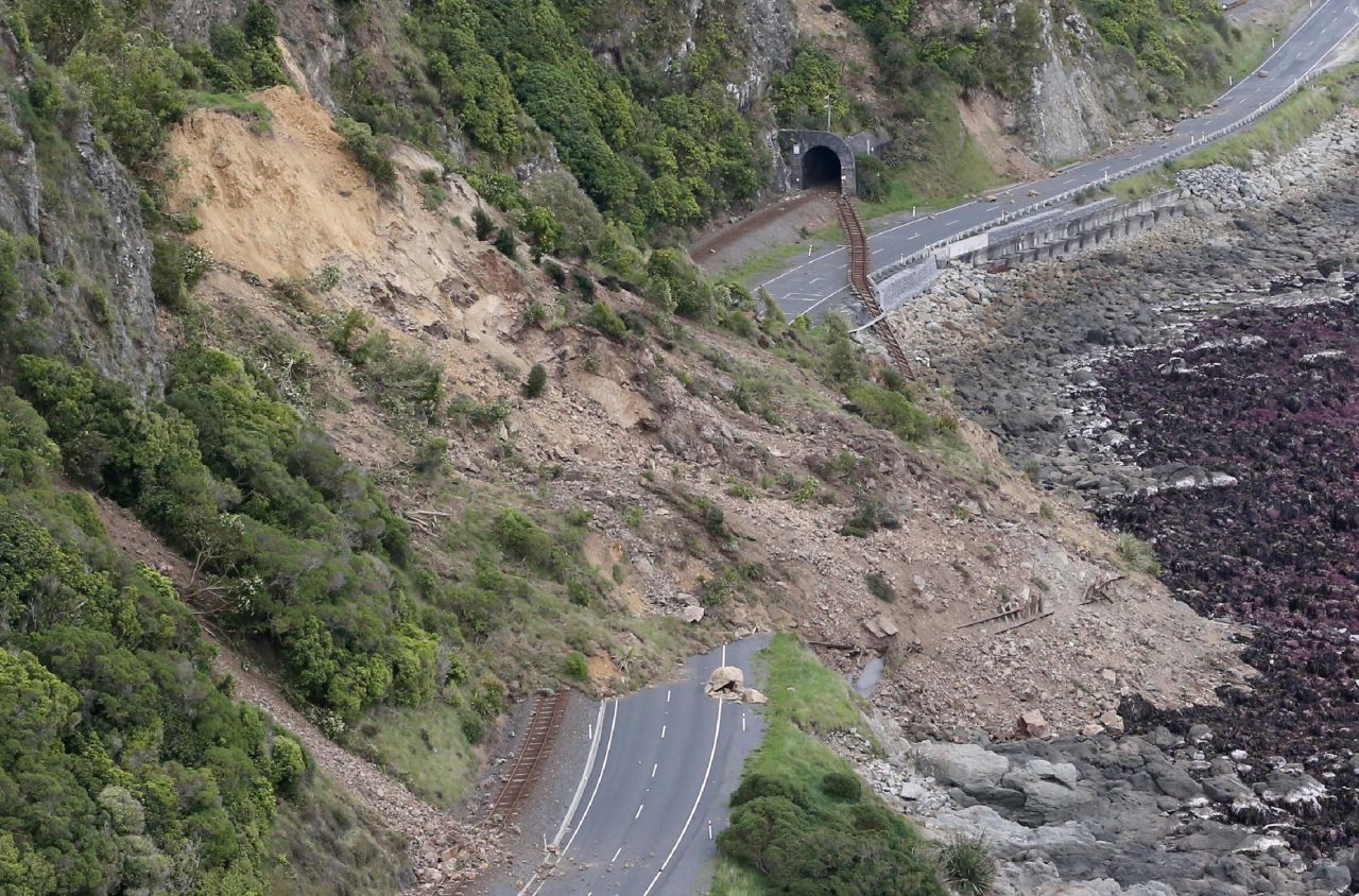 A landslide cuts off State Highway One near Ohau Point on the east coast of the South Island on Monday, November 14.
