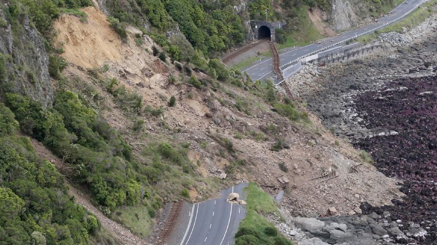 This aerial photo taken and received on November 14, 2016 shows earthquake damage to State Highway One near Ohau Point on the South Island's east coast.
A powerful 7.8-magnitude earthquake killed two people and caused massive infrastructure damage in New Zealand, but officials said on November 14 they were optimistic the death toll would not rise further.  The jolt, one of the most powerful ever recorded in the quake-prone South Pacific nation, hit just after midnight near the South Island coastal town of Kaikoura. / AFP / POOL / Mark MITCHELL        (Photo credit should read MARK MITCHELL/AFP/Getty Images)