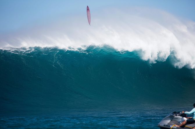 Wipeouts can be brutal -- surfers wear buoyancy aids and sometimes spare air to help in the event of being held down beneath the giant waves.