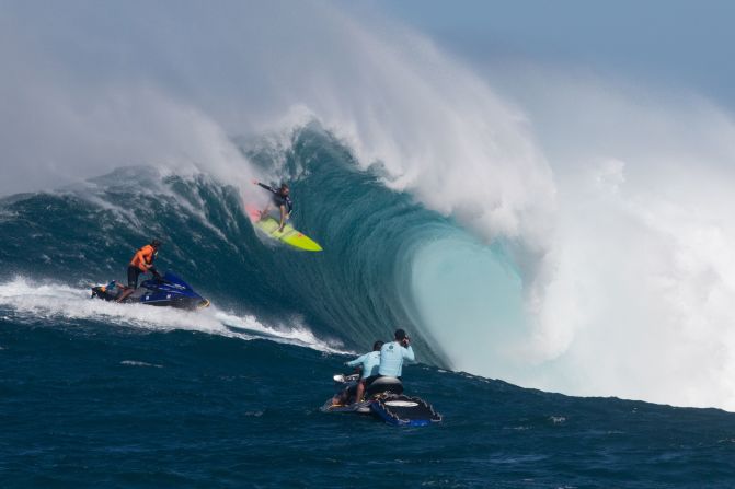 Hawaiian surfer Paige Alms wins the first ever women's event at the giant Maui wave known as "Jaws."