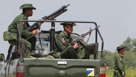 Heavily armed Myanmar army troops patrol Kyinkanpyin area in Maungdaw town, Rakhine State October 16, 2016.