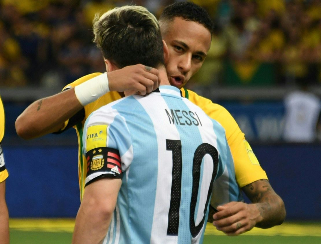 Neymar and Messi embrace after Brazil's 3-0 win over Argentina in Belo Horizone.