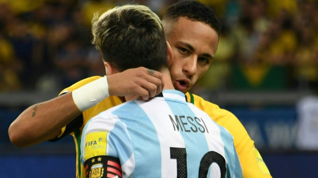 Neymar and Messi embrace after Brazil's 3-0 win over Argentina in Belo Horizone.