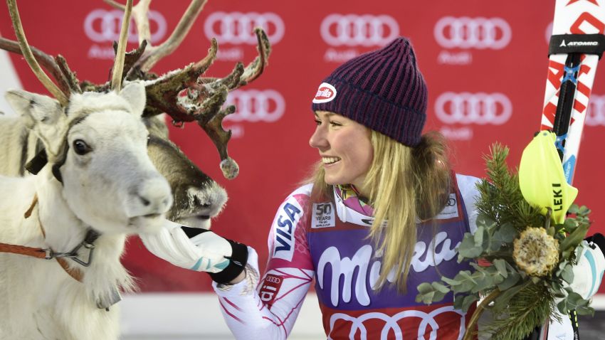 CORRECTION - Mikaela Shiffrin of the US poses with a white reindeer named "Mikaela" she was given after winning the Ladies' FIS Alpine Skiing World Cup slalom race in Levi Kittilä, Finland on November 12, 2016. / AFP / Lehtikuva / Martti Kainulainen / Finland OUT / The erroneous mention appearing in the metadata of this photo by Martti Kainulainen has been modified in AFP systems in the following manner: [Mikaela Shiffrin of the US poses with a white reindeer named "Mikaela" she was given after winning the Ladies' FIS Alpine Skiing World Cup slalom race in Levi Kittilä, Finland on November 12, 2016. ] instead of [Mikaela Shiffrin of the US jokes with Santa Claus reindeer after winning the Ladies' FIS Alpine Skiing World Cup slalom race in Levi Kittilä, Finland on November 12, 2016.]. Please immediately remove the erroneous mention from all your online services and delete it  from your servers. If you have been authorized by AFP to distribute it  to third parties, please ensure that the same actions are carried out by them. Failure to promptly comply with these instructions will entail liability on your part for any continued or post notification usage. Therefore we thank you very much for all your attention and prompt action. We are sorry for the inconvenience this notification may cause and remain at your disposal for any further information you may require.        (Photo credit should read MARTTI KAINULAINEN/AFP/Getty Images)