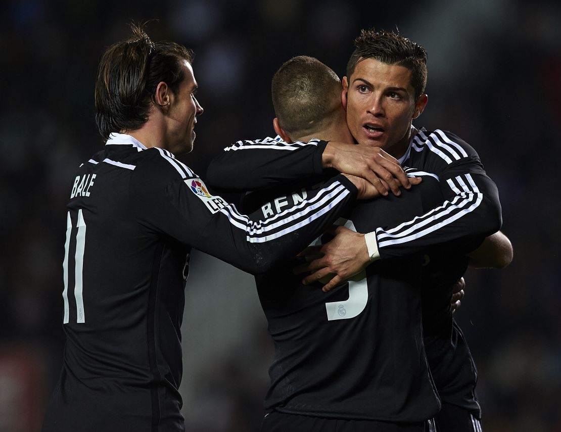 Ronaldo (right), Benzema (center) and Bale are the other top trio in Spain.