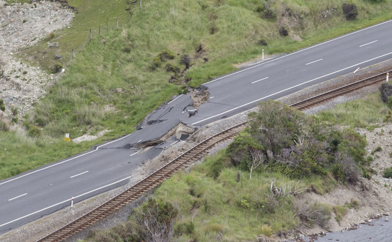 Earthquake damage on New Zealand's State Highway One and the main railway line north of Kaikoura is seen on November 14.