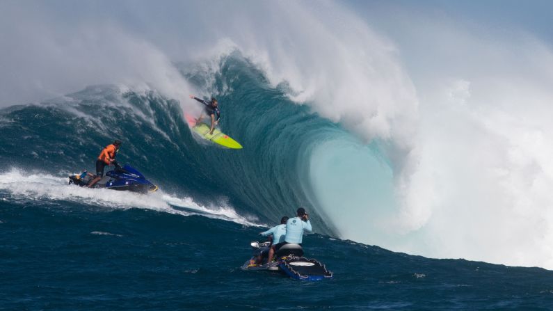 Paige Alms surfs a big wave Friday, November 11, during the Pe'ahi Challenge, a surfing event at the infamous "Jaws" break off the Hawaiian island of Maui. For the first time ever, <a href="index.php?page=&url=http%3A%2F%2Fwww.cnn.com%2F2016%2F11%2F14%2Fsport%2Fbig-wave-surfing-women-maui%2Findex.html" target="_blank">women competed there alongside the men.</a> Alms, a Maui native, won the women's competition.