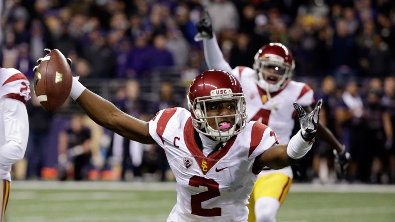 USC cornerback Adoree' Jackson reacts after one of his two interceptions at Washington on Saturday, November 12. USC upset the undefeated Huskies 26-13.