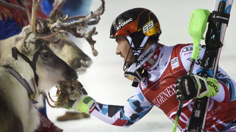Austrian skier Marcel Hirscher acknowledges the reindeer he won after winning the World Cup slalom race in Levi, Finland, on Sunday, November 13. <a href="index.php?page=&url=http%3A%2F%2Fwww.cnn.com%2Fvideos%2Fsports%2F2016%2F11%2F14%2Fspc-alpine-edge-reindeers-levi.cnn" target="_blank">Video: The cutest prize in alpine skiing</a>
