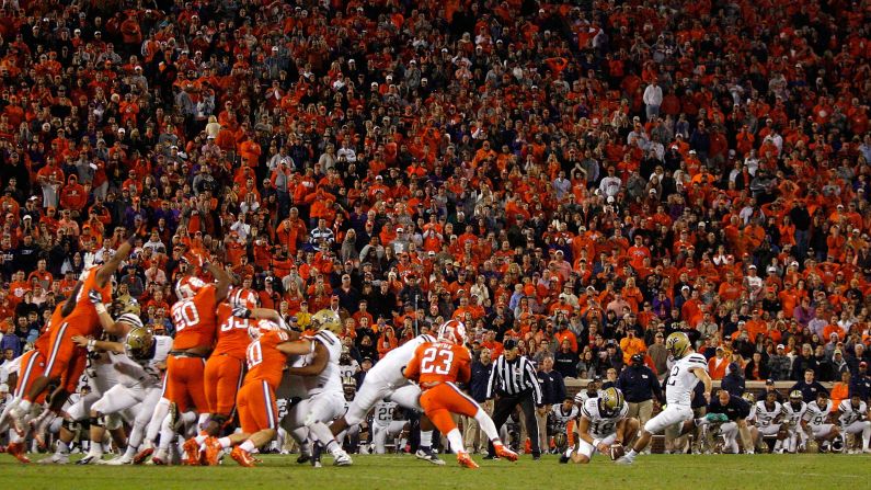 Pittsburgh's Chris Blewitt kicks a 48-yard field goal to beat second-ranked Clemson 43-42 on Saturday, November 12. It was Clemson's first loss of the season.